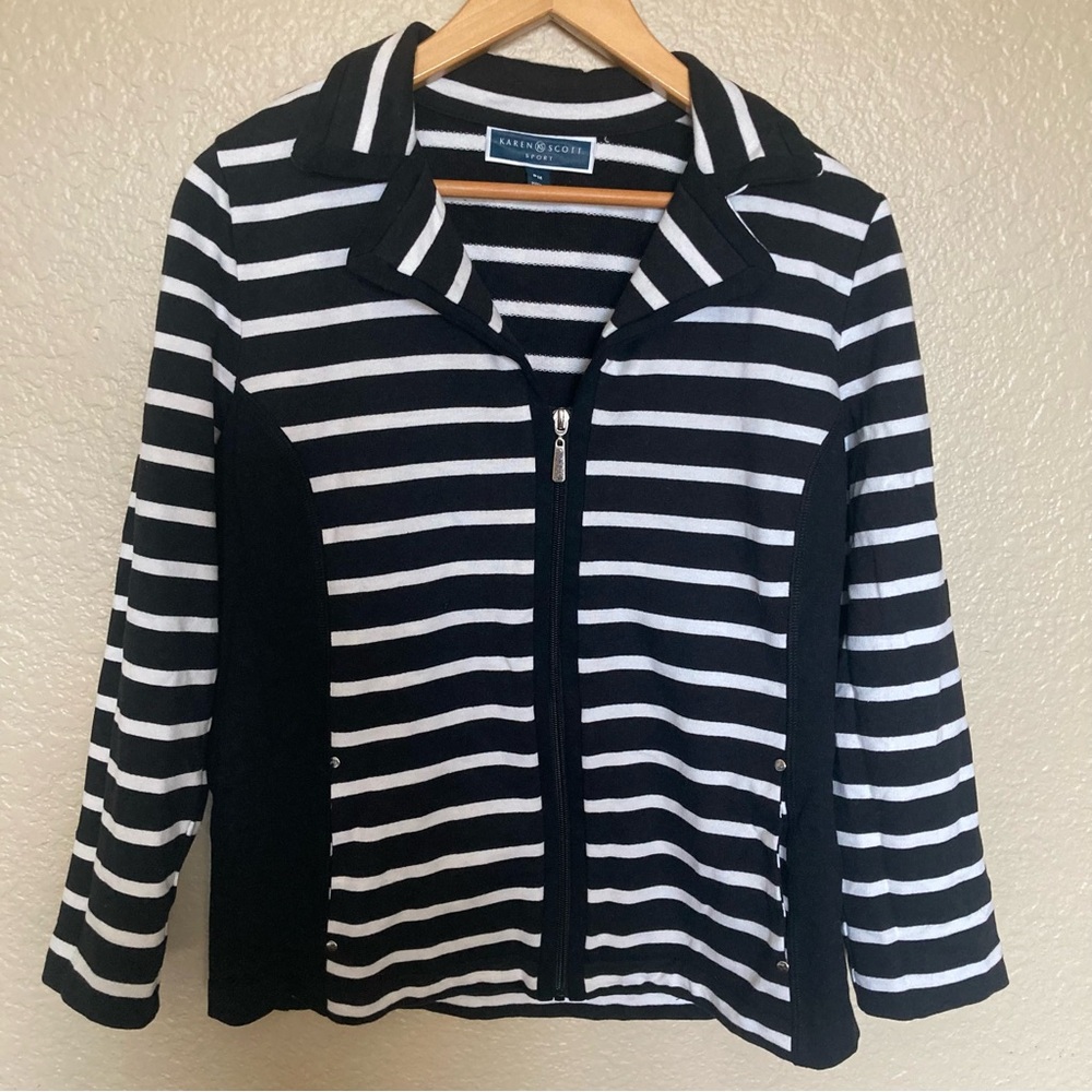 Karen Scott Black and White Striped Jacket with Two Pockets Full Zip Up Size PM